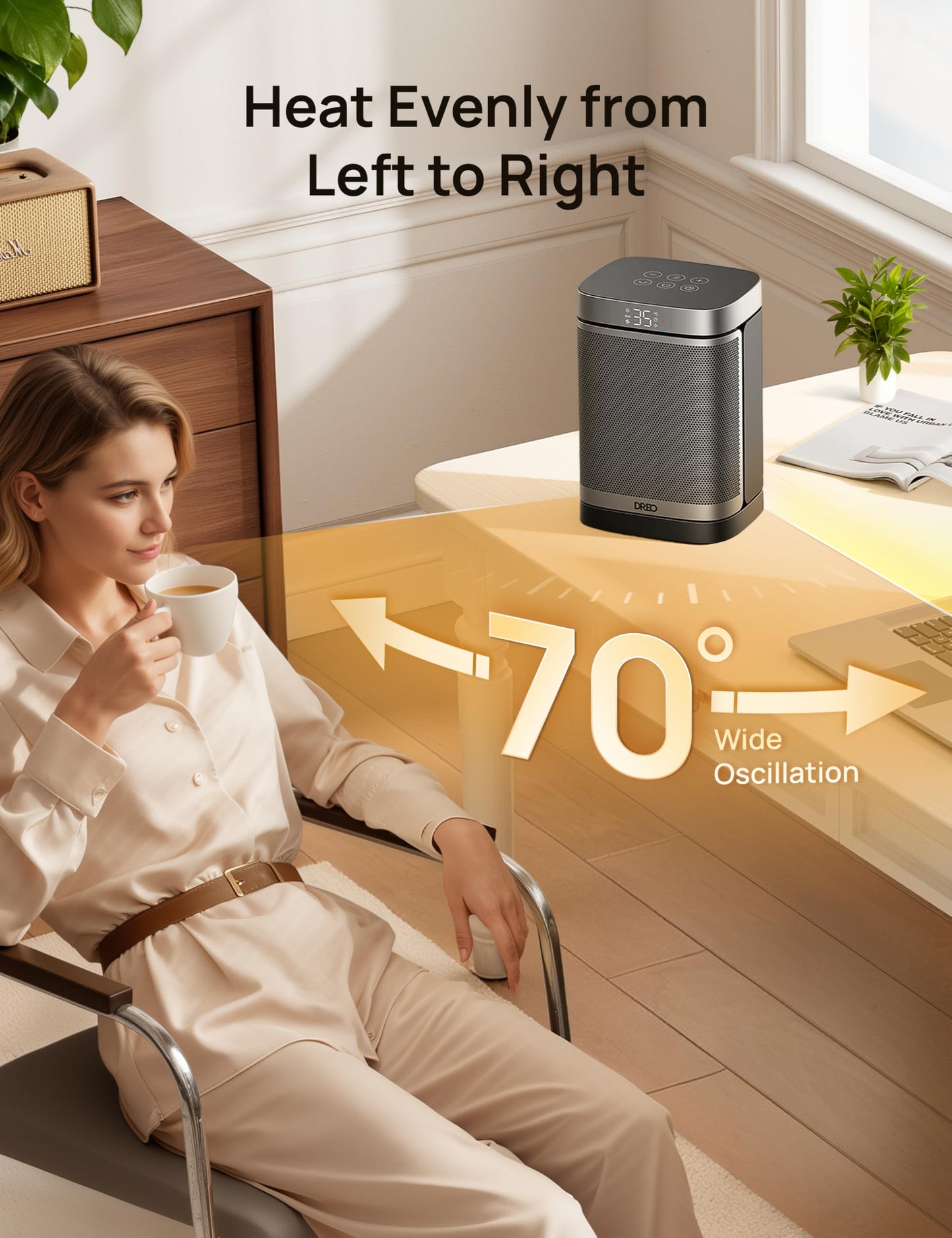 Dreo Electric Space Heater, 70° Oscillating Portable Heaters for Home, 1500W PTC Ceramic Heater with Thermostat, Remote Control, 3-Mode 3-Speed, 1-12H Timer, Overheat & Tip-Over Protection, ECO-Mode